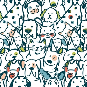 Color Pop Doodle Dogs and Cats Mid Mod Colorway, 24in x 36.03in repeat scale
