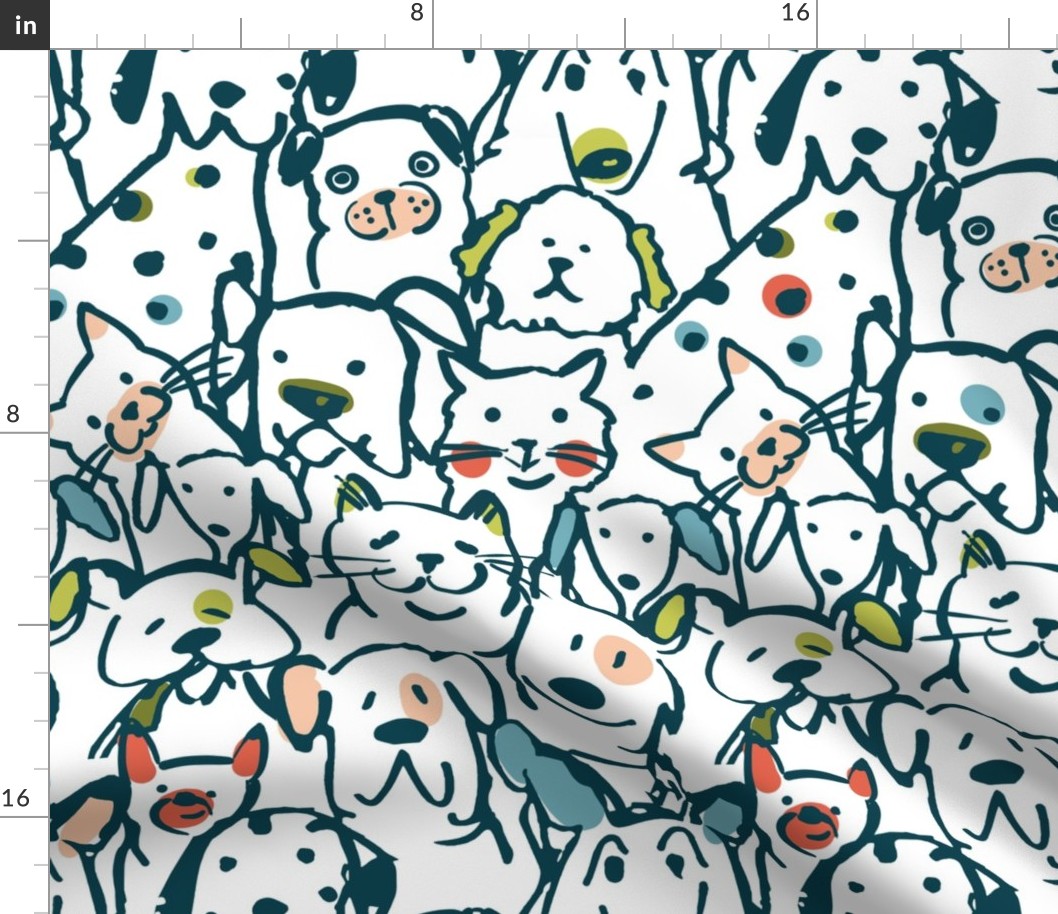 Color Pop Doodle Dogs and Cats Mid Mod Colorway, 24in x 36.03in repeat scale