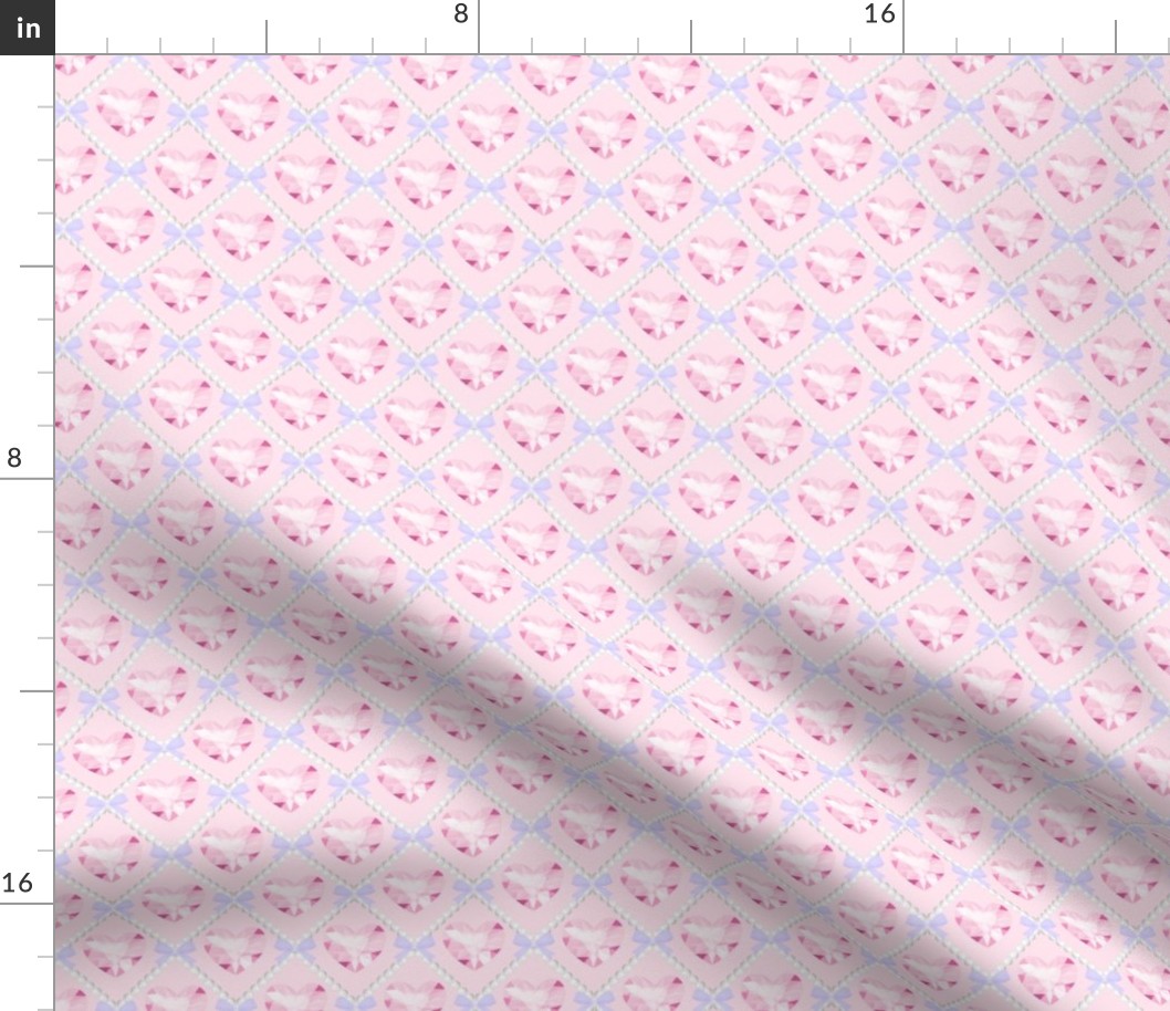 17 pink heart crystal gems gemstones jewels purple bows pink background white pearls trellis interlinked criss cross interconnected connected kawaii cute adorable girly elegant gothic EGL diamond quilting inspired pastel