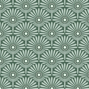 Geometric floral sunflower scallop design French Provincial soft green tones on dark green, medium scale