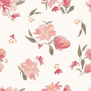 Pretty pink and green blooms on neutral cream background