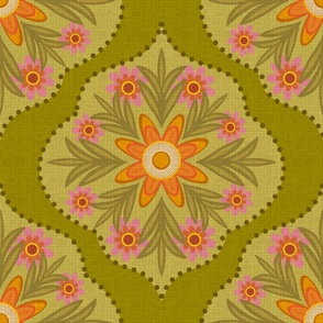 Vintage Floral Tapestry Pattern - Retro Botanical Olive Green & Autumn Orange Design Large