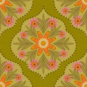 Vintage Floral Tapestry Pattern - Retro Botanical Olive Green & Autumn Orange Design Medium