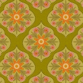 Vintage Floral Tapestry Pattern - Retro Botanical Olive Green & Autumn Orange Design small