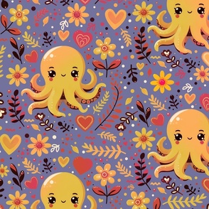 Cute yellow octopus and flowers