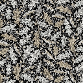 (M) Folksy oak leaves acorn black and white with beige  - autumn, fall, forest