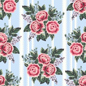 (L) Exuberant victorian roses  with lace - vintage style in baby blue, cream and pink