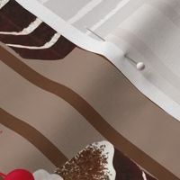 Chocolate piece of cake with cherry stripe pattern 