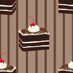 Chocolate piece of cake with cherry stripe pattern 