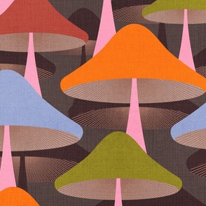 (M) Colourful Abstract minimal Retro Mushrooms 4. On Dark Brown #retromushrooms #abstractfungi  #retrobrown #70s #minimalmushrooms #midcenturylabstract #spoonflowercollection 