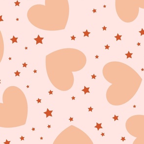 Tossed Hearts with stars peach on soft pink | f6be9d