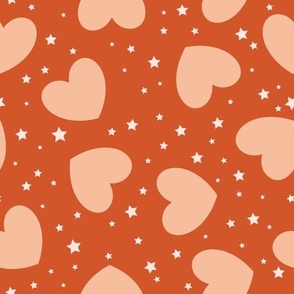 Tossed Hearts with stars peach fuzz on rusty red | f6be9d
