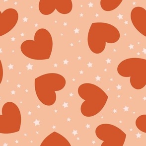 Tossed Hearts with stars rusty red on peach fuzz | f6be9d