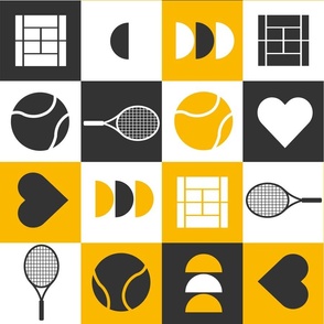 MEDIUM yellow and dark grey tennis   design with racket, court and ball by art for joy lesja saramakova gajdosikova design