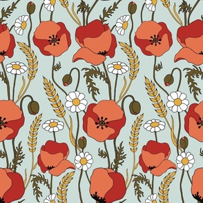 Red poppies , daisies and wheat ears on blue green background