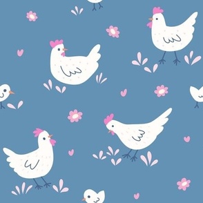 Cute chicken pattern in blue background
