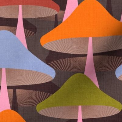 X SMALL • Colourful Abstract minimal Retro Mushrooms 4. On Dark Brown #retromushrooms #abstractfungi  #retrobrown #70s #minimalmushrooms #midcenturylabstract #spoonflowercollection 