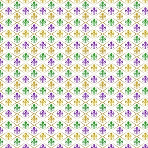 Tiny 1" Mardi Gras TriColor Fleur de Lis (White) -- Mardi Gras Purple Green and Gold -- Mardi Gras Argyle Diamond -- Mardi Gras Colors Faux Glitter Fleur de Lis -- 2.08in x 4.17in repeat - 600dpi (25% of Full Scale)