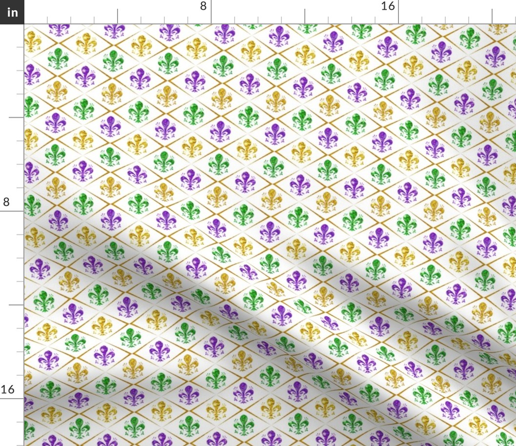 Tiny 1" Mardi Gras TriColor Fleur de Lis (White) -- Mardi Gras Purple Green and Gold -- Mardi Gras Argyle Diamond -- Mardi Gras Colors Faux Glitter Fleur de Lis -- 2.08in x 4.17in repeat - 600dpi (25% of Full Scale)