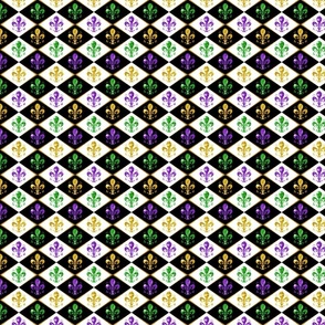 Tiny 1" Mardi Gras TriColor Fleur de Lis (Black and White) -- Mardi Gras Purple Green and Gold -- Mardi Gras Argyle Diamond -- Mardi Gras Colors Faux Glitter Fleur de Lis -- 2.08in x 4.17in repeat - 600dpi (25% of Full Scale)