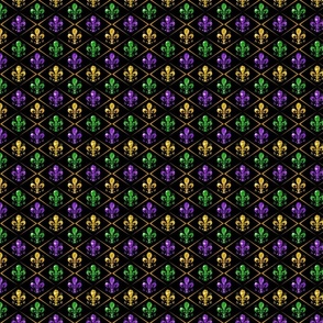 Tiny 1" Mardi Gras TriColor Fleur de Lis (Black) -- Mardi Gras Purple Green and Gold -- Mardi Gras Argyle Diamond -- Mardi Gras Colors Faux Glitter Fleur de Lis -- 2.08in x 4.17in repeat - 600dpi (25% of Full Scale)