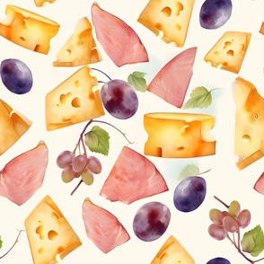 Gourmet Delight Fabric - Cheese, Ham, and Grape Watercolor Pattern for Culinary Creations