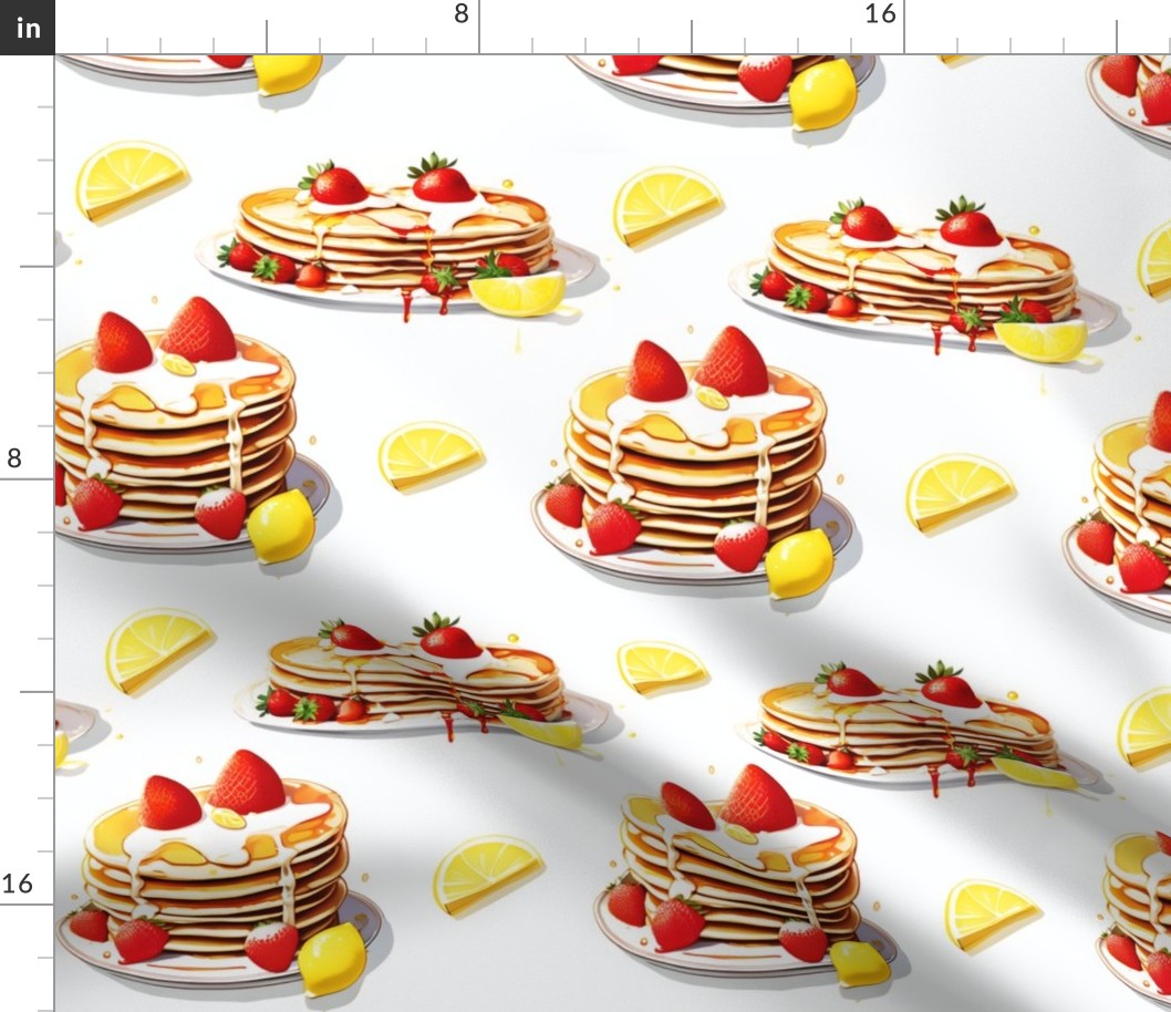 Pancake Day Delight Fabric - Repeating Pancake Patterns with Maple Syrup and Strawberries