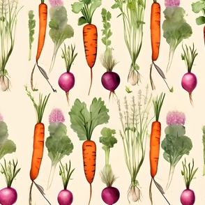 Harvest Haven Fabric - Garden Delight with Carrots and Radishes Watercolor Pattern