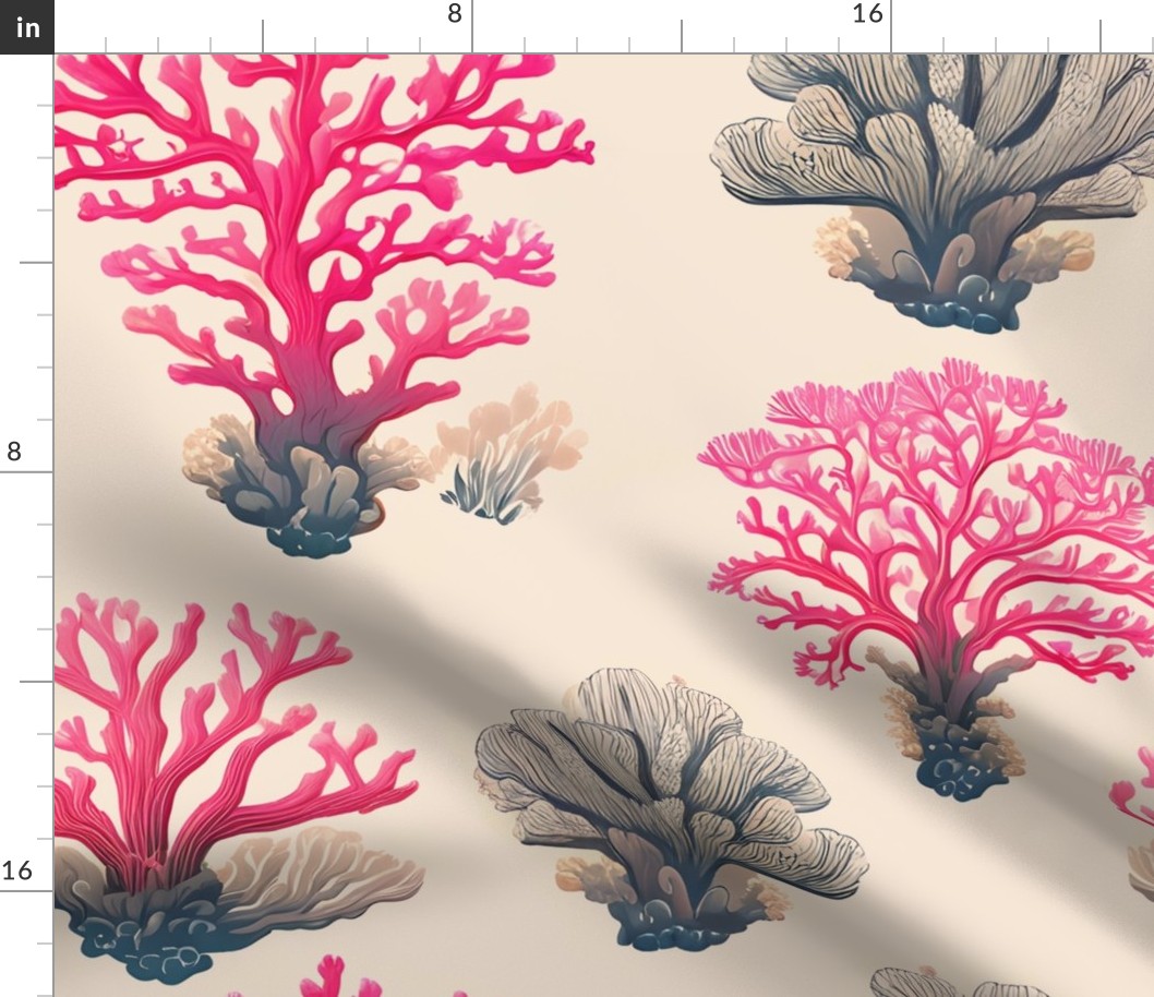 Elegant Coral Reef Fabric - Detailed Pink Corals in Natural History Style on Cream Background