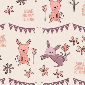 Some bunny is one (medium scale) - first birthday print with rabbits, flowers and bunting