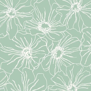 Anenome Floral line work Large Scale Sage