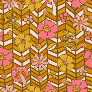 Chevron with flowers - vintage mood - pink, mustard, off white, ocher