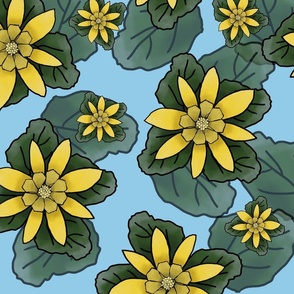 Lesser Celandine Floral pattern on Blue background, yellow/gold flowers  with green leaves