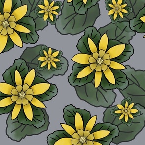 Lesser Celandine Floral Pattern, yellow with green leaves on a gray background