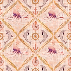 Dolphins, Octopus, Starfish & Nautilus - Peachy  - Smaller