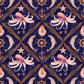 Dolphins, Octopus, Starfish & Nautilus - Navy - Smaller