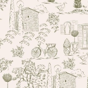 Provence Countryside Toile de Jouy _ Olive and Cream