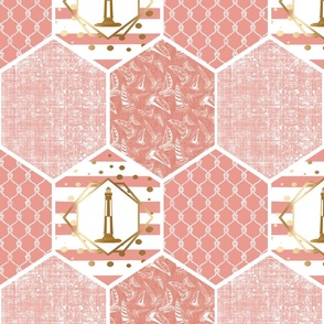  Coral and White Nautical Lighthouse Honeycomb Design Repeating Pattern 2