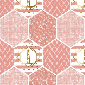  Coral and White Nautical Lighthouse Honeycomb Design Repeating Pattern 1