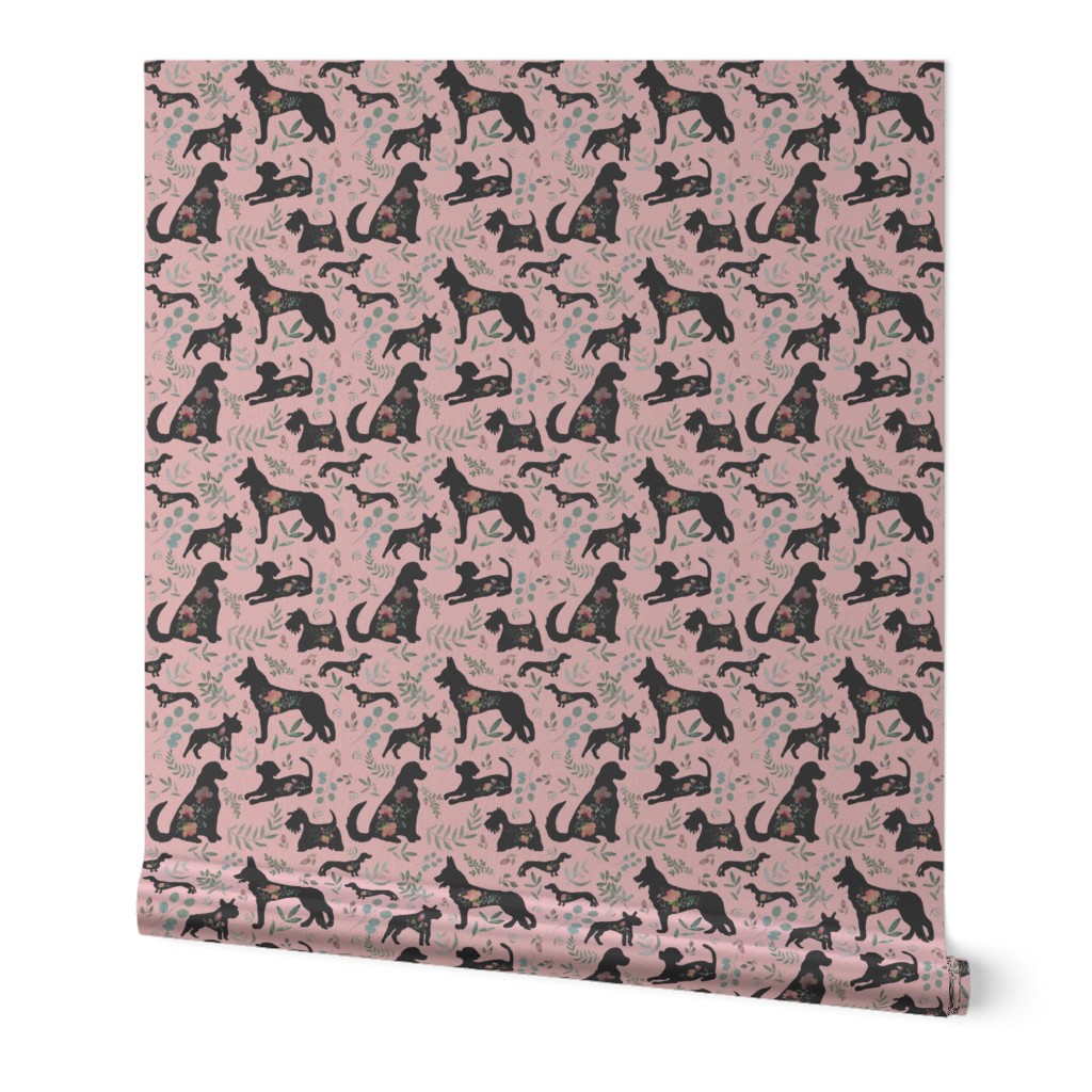 Medium Pink Black Puppy Dogs / Floral / Flowers