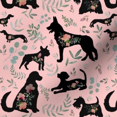 Medium Pink Black Puppy Dogs / Floral / Flowers
