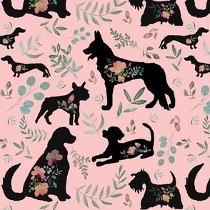 Medium Pink Black Puppy Dogs / Floral / Flowers