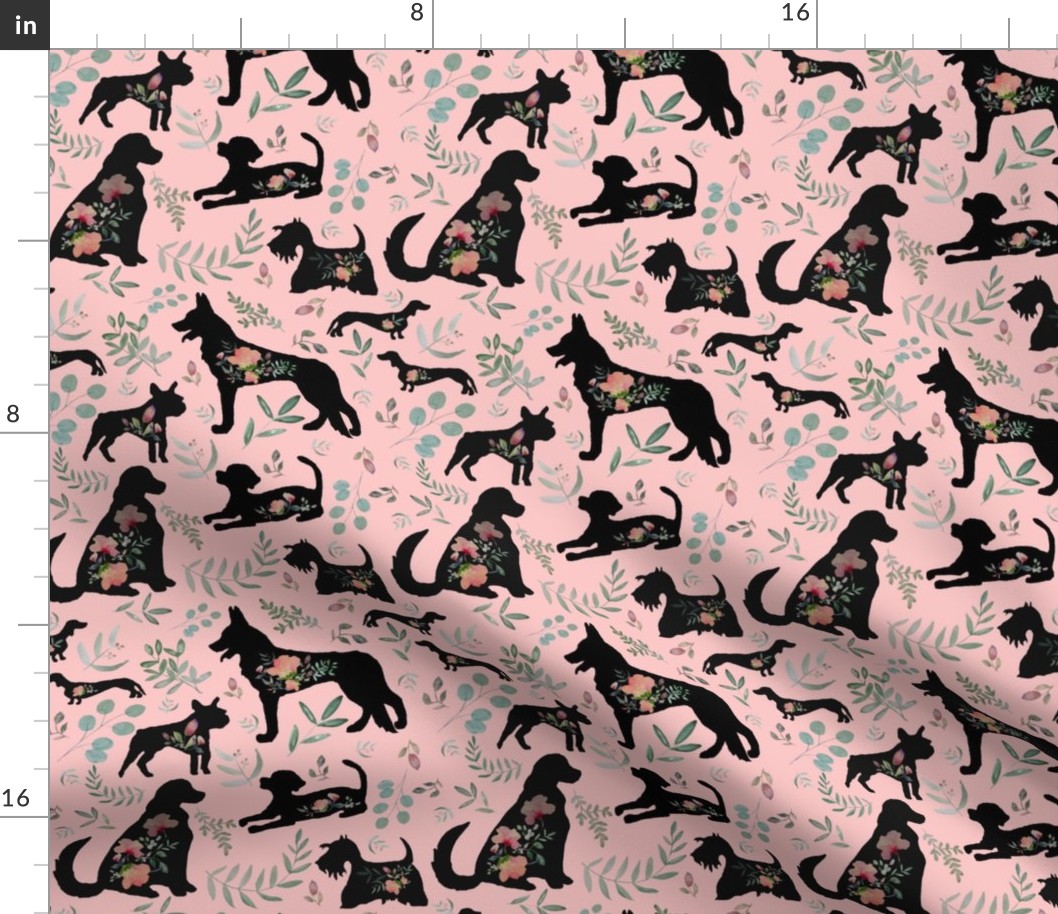 Medium Pink Black Puppy Dogs / Floral / Flowers