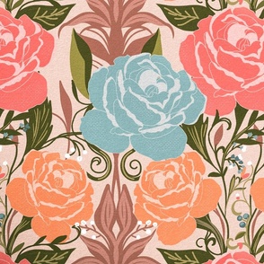 Big English roses-peach and blue-LARGE