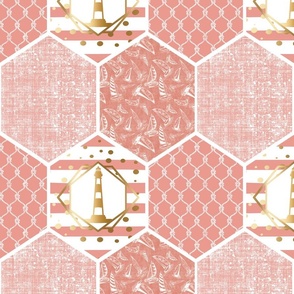 Coral Nautical Lighthouse Honeycomb Design Repeating Pattern 4