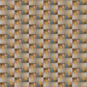 3 Trees Checkerboard Gold Brown Pink & Blue on Cream & Brown