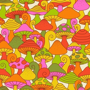 Funky Fungi ~ Colorful Retro Mushrooms ~ Green & Pink