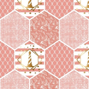 Coral  Nautical Lighthouse Honeycomb Design Repeating Pattern 3