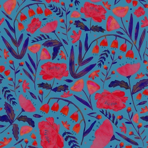 Tropical red peony pattern with blue background