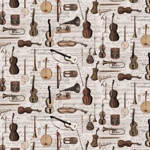Vintage Music Instruments And Notes Brown Beige Smaller Scale